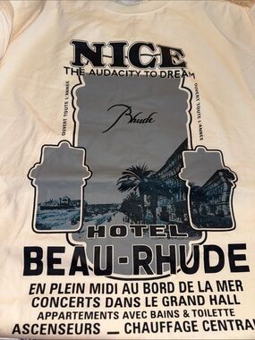 NWT RHUDE HOTEL BEAU-RHUDE SHORT SLEEVE DESIGNER T-SHIRT CREAM LRG/AUTHENTIC